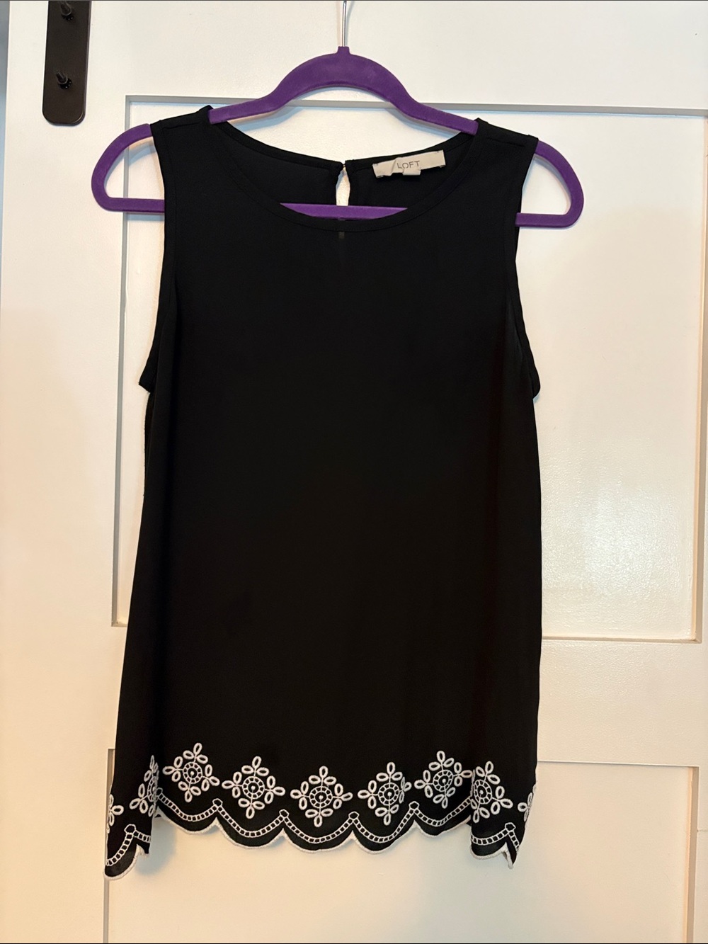 LOFT Black Sleeveless Mini Dress with White Scalloped Hem